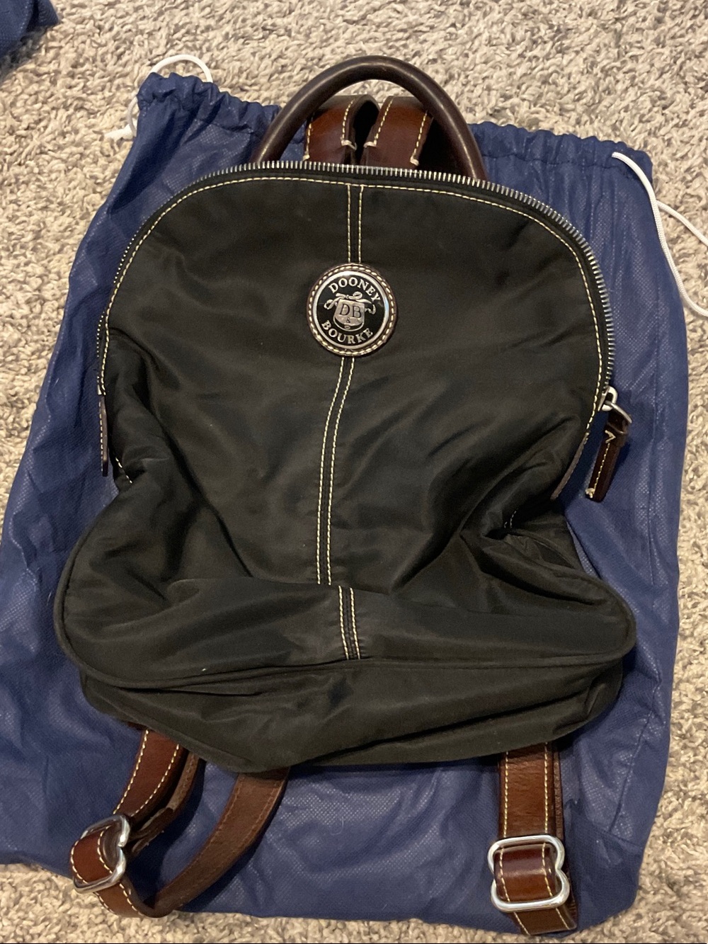 Dooney & Bourke Black Nylon Backpack with Brown Leather Accents